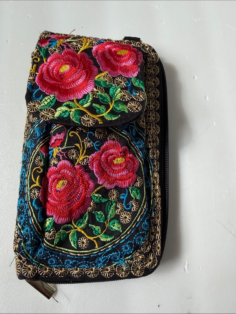 Embroidered Floral Black Zip Wallet Bag